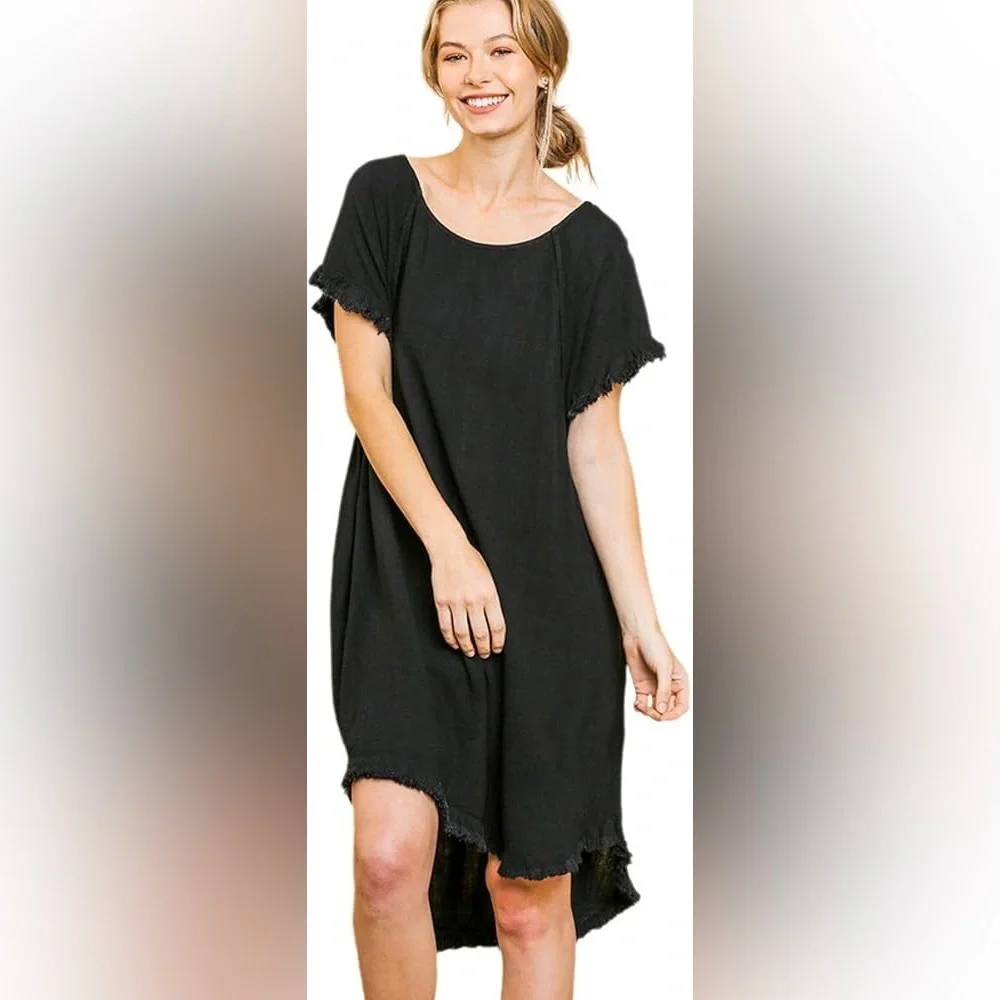 Umgee Elegant Black LINEN BLEND ROUND NECK POCKET DRESS WOMEN SIZE L